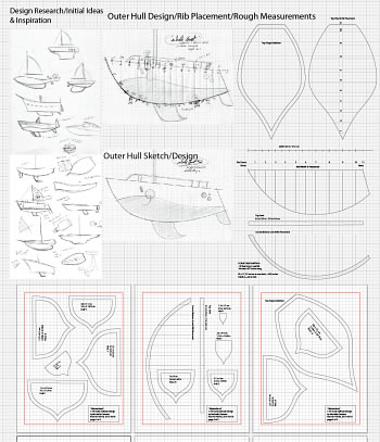 Michelle Clement's sailboat, ideation sketches, and scale vector plans